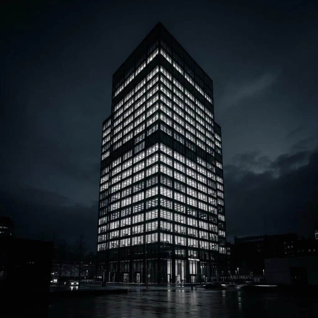 Modernes Bürogebäude mit beleuchteter Glasfassade